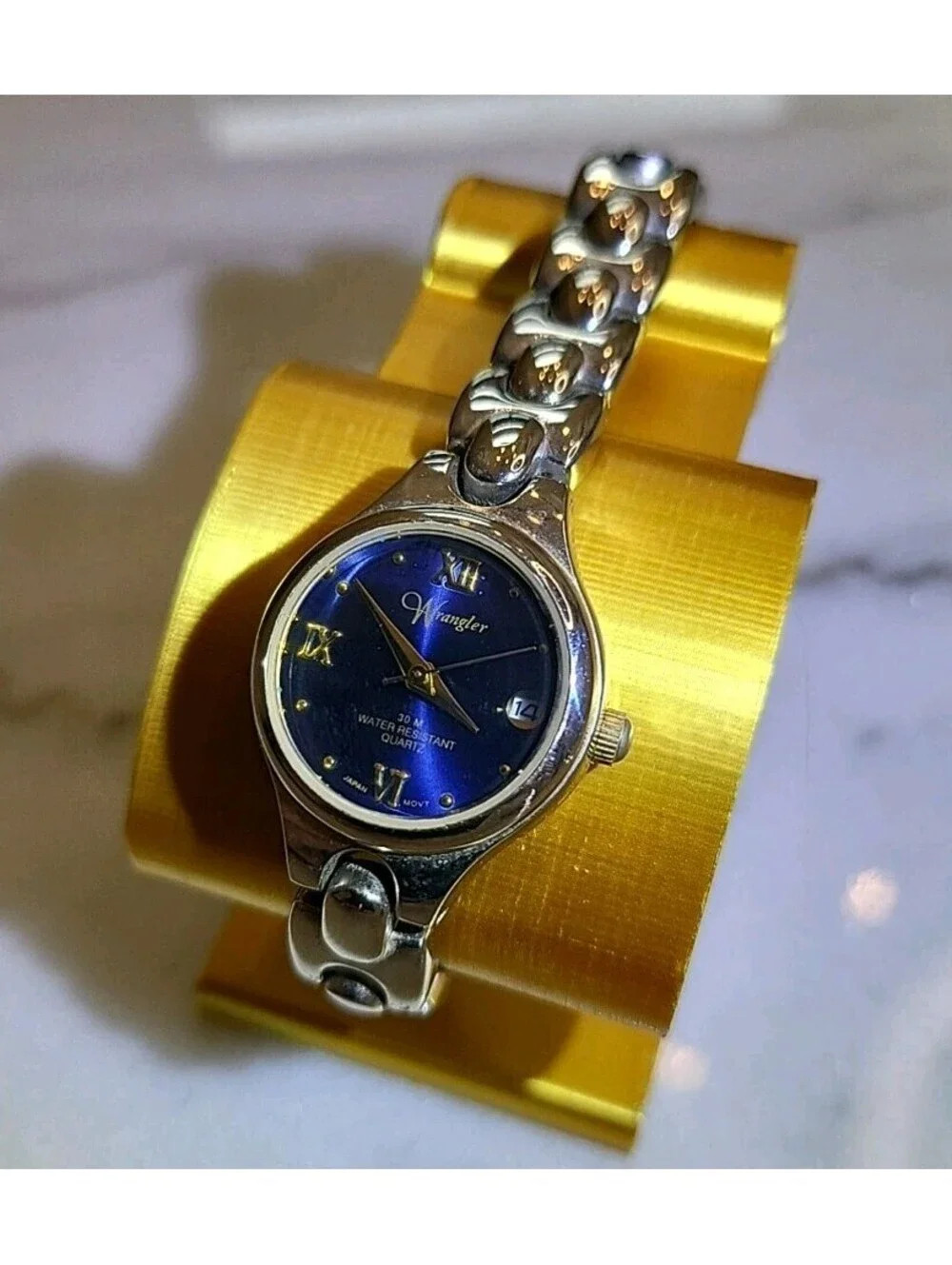 Vtg Womens Watch Wrangler Watch Classic Silver Tone SSteel Blue Dial Working EUC
